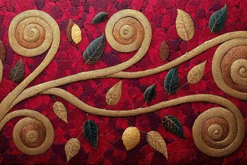 Poster - An intricate textured design of golden spirals and leaves on a vibrant red background, creating a visually captivating and luxurious art piece. A seamless pattern.