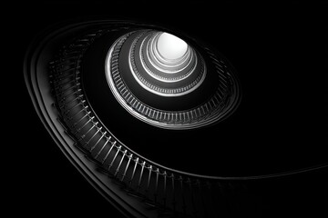 Poster - Abstract view of a spiraling staircase with intricate railings leading upwards, bathed in subtle light, creating a mesmerizing architectural detail with monochrome elegance.