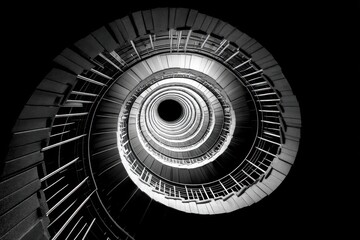 Poster - A monochromatic, upward view of a spiraling staircase, showcasing the geometric patterns created by the steps and railings in a stunning architectural design.