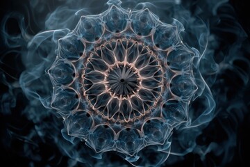 Fototapete - A mesmerizing abstract fractal design with intricate patterns and swirling smoke, creating a sense of depth and mystery against a dark, gradient background.