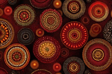 Poster - A complex, intricately designed background of circular motifs in vibrant shades of red and gold, creating a mesmerizing ornamental texture for various applications.