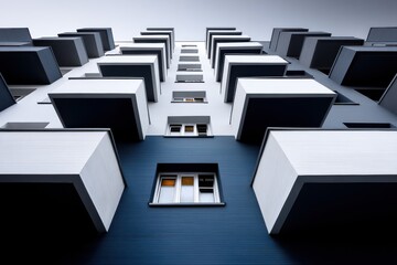 Poster - Low angle view of modern building with blue wall, white balconies, unique design, showing architectural details, symmetry and strong lines, high contrast and perspective