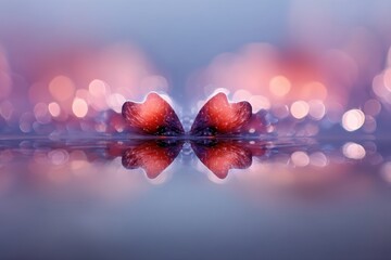 Poster - Abstract symmetrical reflection in water of two flowers, bokeh effect background, creating a dreamy and ethereal atmosphere, with a pink and purple color palette.