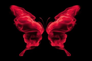Poster - Abstract red butterfly made of smoke on black background, elegant and ethereal design, perfect for artistic projects and captivating visuals, conveying transformation and grace.