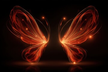 Fototapete - Abstract luminous butterfly wings design with bright orange glowing lines and particles on a dark black background, creating a magical and ethereal effect.