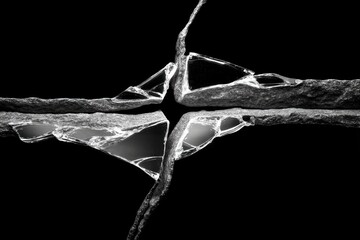Poster - Dramatic black and white shot of shattered glass and rugged stone fragments, creating a powerful abstract composition with sharp lines and textures detail.