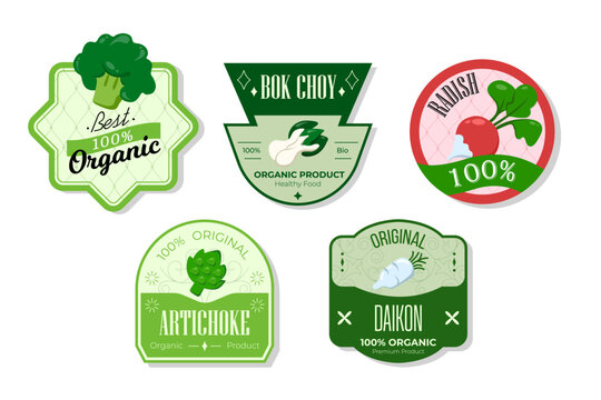Retro fruits banner and labels. Different juices stickers. Packaging tags with bok choy, artichoke, daikon, radish. Set of seasonal fruits labels stickers and marks or badges template for packaging