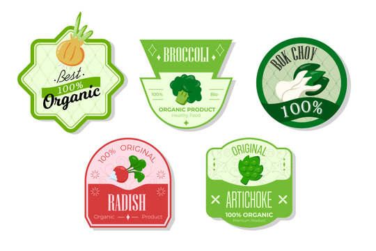 Retro fruits banner and labels. Different juices stickers. Packaging tags with radish, broccoli, artichoke, bok choy. Set of seasonal fruits labels stickers and marks or badges template for packaging