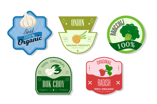 Retro fruits banner and labels. Different juices stickers. Packaging tags with onion, broccoli, bok choy, radish. Set of seasonal fruits labels stickers and marks or badges template for packaging