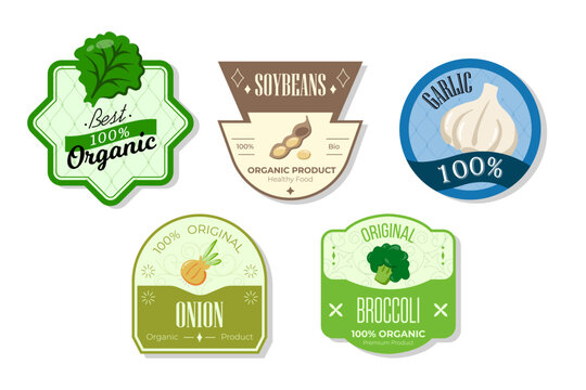 Retro fruits banner and labels. Different juices stickers. Packaging tags with soybeans, garlic, onion, broccoli. Set of seasonal fruits labels stickers and marks or badges template for packaging