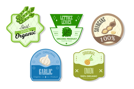 Retro fruits banner and labels. Different juices stickers. Packaging tags with lettuce, soybeans, garlic, onion. Set of seasonal fruits labels stickers and marks or badges template for packaging