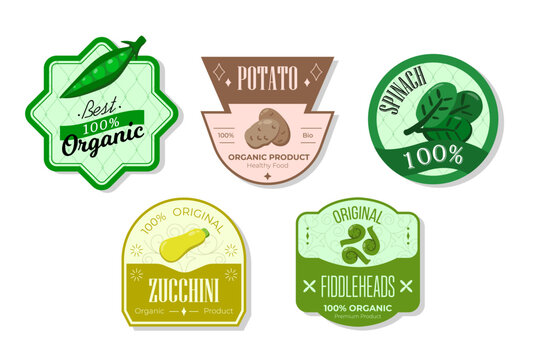 Retro fruits banner and labels. Different juices stickers. Packaging tags with potato, spinach, zucchini, fiddleheads. Set of seasonal fruits labels stickers and marks or badges template for packaging