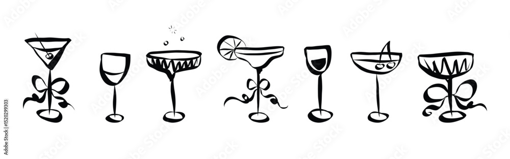 Coquette drinks and cocktails hand drawn. Cute glasses with ribbon and ...