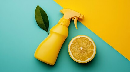 Poster - Yellow spray bottle with lemon and leaf on teal and yellow background.