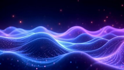 Poster - Abstract Blue Purple Glowing Waves with Sparkling Particles Background for Motion Graphics Projects
