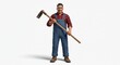 © Ilyas - A farmer in overalls, a plaid shirt, and boots, holding a tool like a hoe or watering can, standing on a plain white background, full body, realistic style.