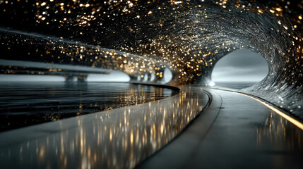 Poster - Abstract visualization of glowing data streams flowing at high speed through a dark tunnel, creating a sense of motion and energy