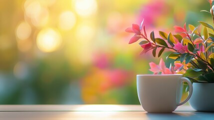 Poster - Sunrise view of coffee cup and small plant on table.