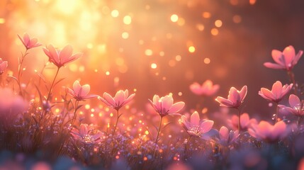Poster - Magical sunset illuminating pink flowers in a field with glowing particles.