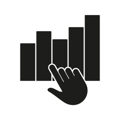 Poster - Hand Interacting With Bar Graph Solid Icon. Data Analysis, Interactive Analytics, And Business Intelligence Silhouette Symbol. Touchscreen Data Visualization. Isolated Vector Illustration