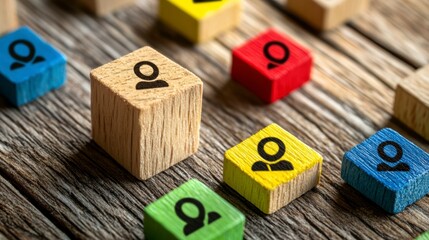 Leinwandbilder - Colorful wooden blocks with person icons represent teamwork, networking, and connection.