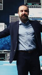 Poster - Vertical Video Visionary business CEO speaking at international convention for finance, hosting live event conference. Public speaker shares professional knowledge and insight with participants