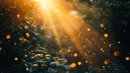 Aufkleber - Golden sun rays illuminate lush green foliage and sparkling particles in a magical forest scene.