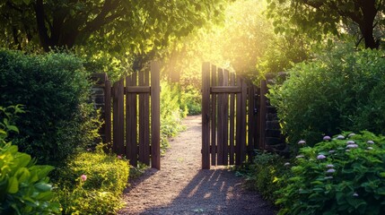 Poster - Sunlit garden path through open wooden gate.