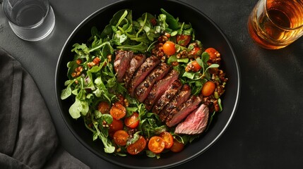 Poster - Grilled steak slices on a bed of mixed greens, cherry tomatoes, and nuts in a black bowl.