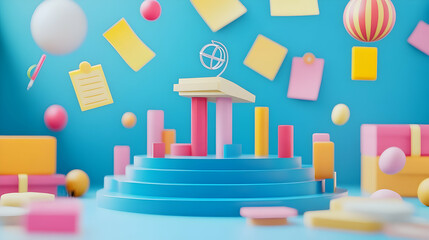 Poster - Colorful 3D Educational Abstract Still Life with Globe, Paper and Geometric Forms