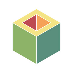 Poster - Abstract isometric cube with vibrant colorblocked interior.  Represents concepts of structure, balance, and design. Perfect for presentations, websites, or as a modern graphic element.