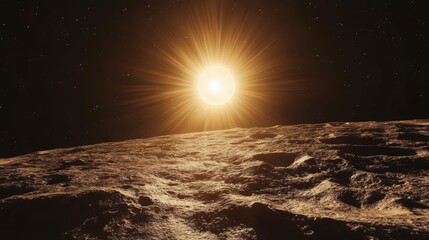 Aufkleber - Bright sun rising over a cratered, rocky planetary surface.