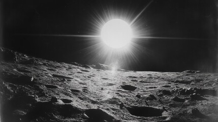 Aufkleber - Sun rising over the lunar surface, craters and dust visible.