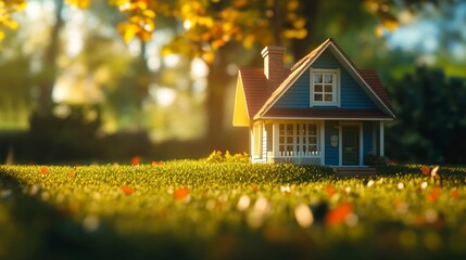 Aufkleber - Miniature blue house on green grass in sunlight.