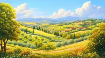 Poster - Sunny Tuscan countryside landscape with rolling hills, farmhouses, cypress trees, and wildflowers.