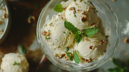 Poster - Three scoops of creamy vanilla ice cream in a glass bowl, garnished with fresh mint and pecan pieces.
