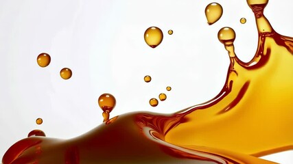 Poster - Dynamic splashing of viscous golden liquid, creating droplets and shapes against a bright background, capturing smooth textures