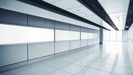 Poster - Empty modern office hallway with white walls, tile floor, and bright lighting for presentations, display boards, or background needs.