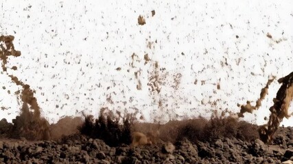 Poster - High-speed shot of brown mud and dirt splashing upwards on a white backdrop, capturing raw earthiness and dynamic movement in a studio environment.
