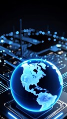 Poster - World globe, hologram display, global connectivity, futuristic technology interface, digital data flow, circuit board, tech background