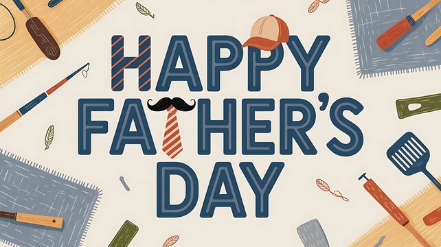  a Father’s Day card with the word HAPPY FATHER’S DAY in bold, patterned blue typography. Replace the letters with symbolic dad accessories, created with generative ai