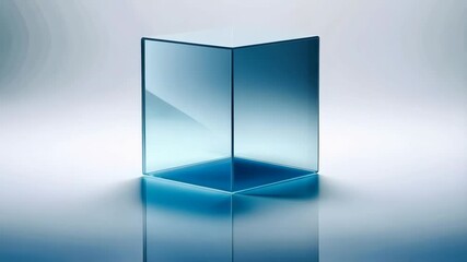 Poster - Abstract clear glass cube standing on white surface reflecting light, creating a sense of depth and minimalist design in studio setting.