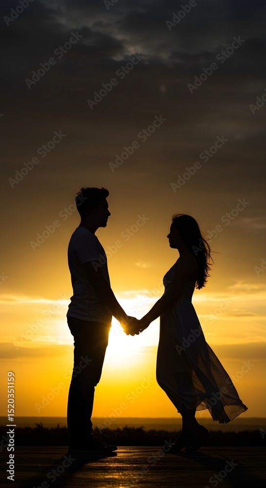 Romantic couple holding hands silhouette at sunset love story Stock ...