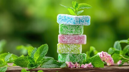 Poster - Vibrant treats stacked on natural wooden surface, fresh mint adding contrast and aroma
