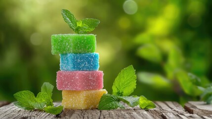 Poster - Vibrant treats stacked on natural wooden surface, fresh mint adding contrast and aroma