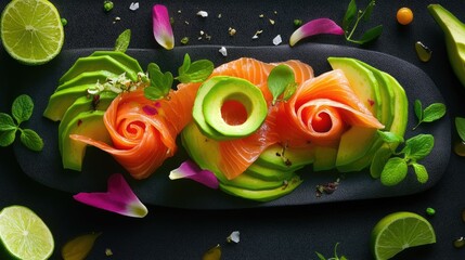 Poster - Salmon carpaccio with avocado rosettes and lime halves on textured black plate