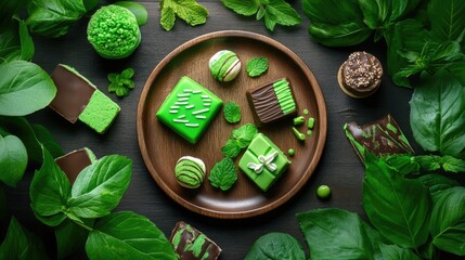 Poster - Mouthwatering display of sweets with green mint accents on rustic wood plate