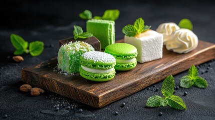 Poster - Macarons and mini cakes arranged artistically with mint on a rustic board
