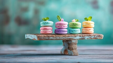 Poster - Macarons and mini cakes arranged artistically with mint on a rustic board