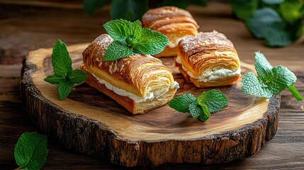 Poster - Gourmet pastries on a handcrafted wooden plate with mint sprigs on the side